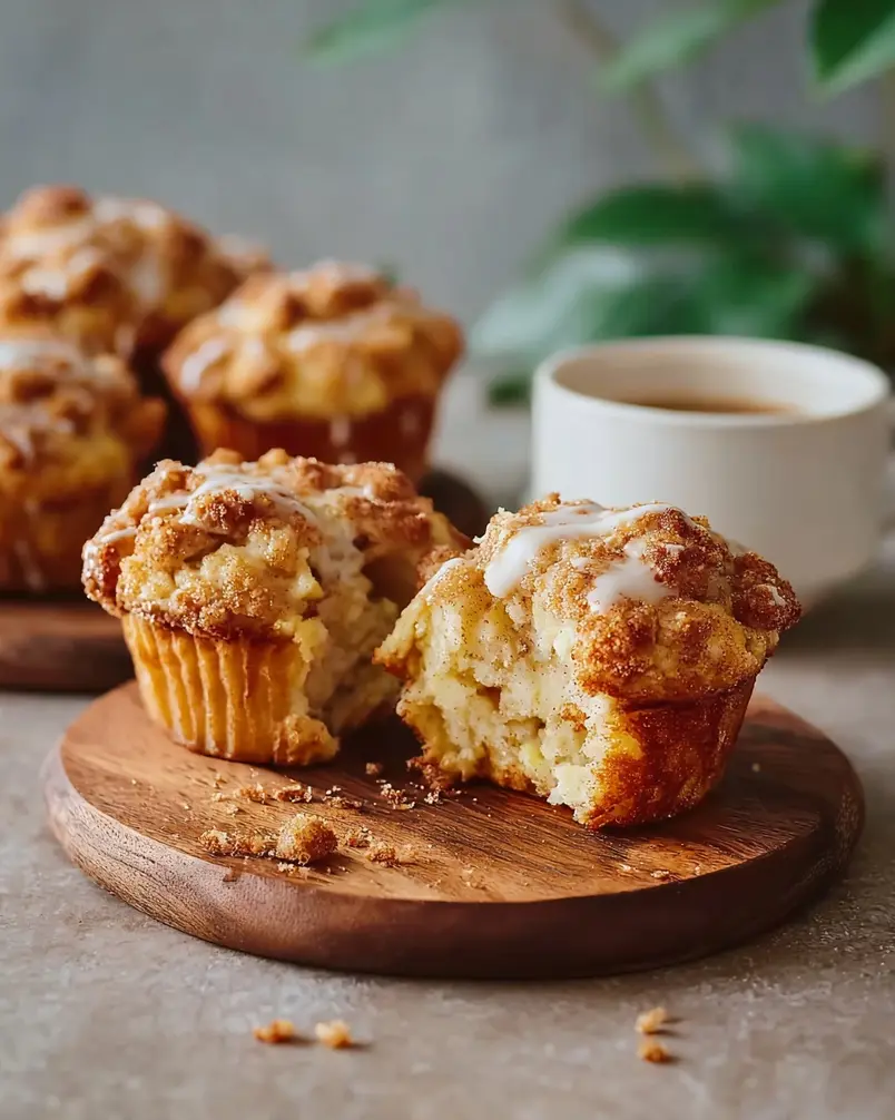 Apple Strudel Muffins 3 A muffin tin filled with golden brown apple strudel muffins, some with a visible streusel topping.