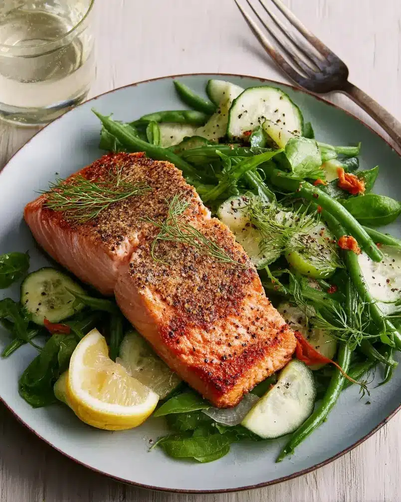 Easy 5-Ingredient Salmon 3 Salmon fillets sizzling in a pan with lemon and herbs