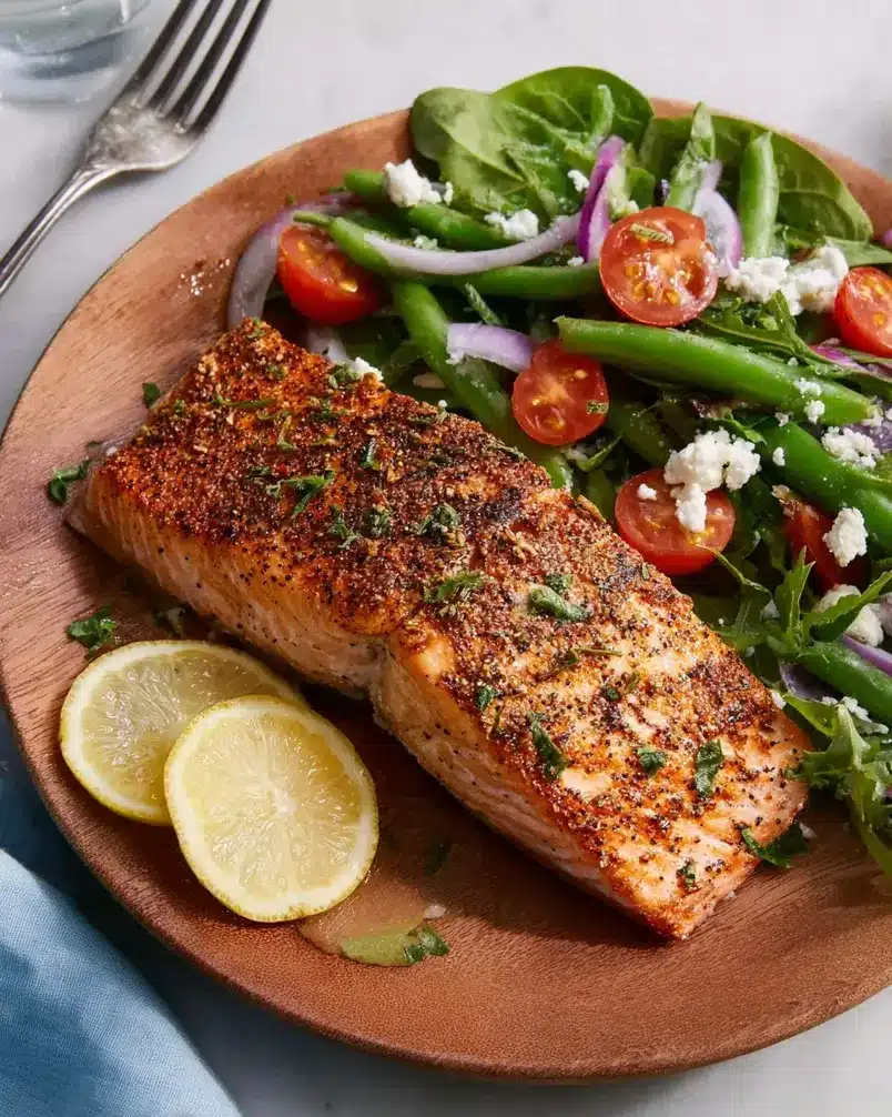 Easy 5-Ingredient Salmon 2 Fresh salmon fillets being seasoned with herbs and lemon