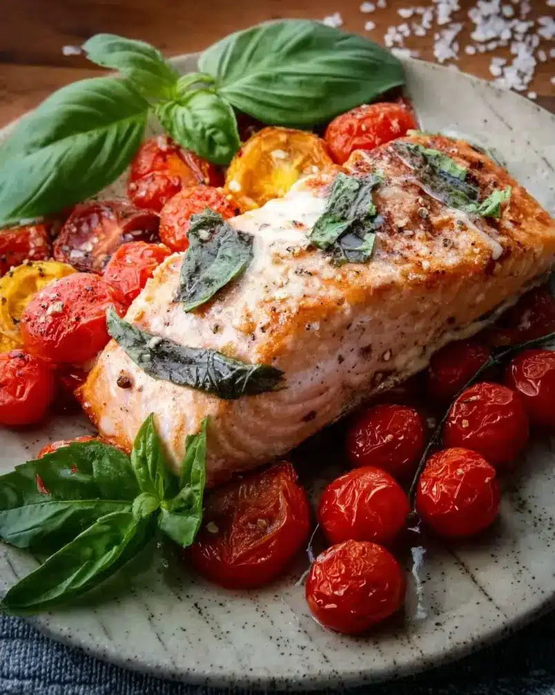 Tomato Basil Salmon 3 Salmon fillets sizzling in a pan with cherry tomatoes and basil.