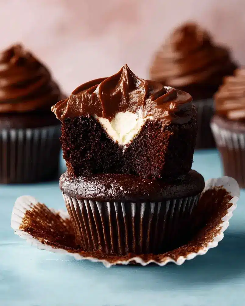 Whipped Cream-Filled Chocolate Cupcakes With Chocolate Ganache Frosting 2 Close-up of whipped cream-filled chocolate cupcake with ganache frosting being prepared