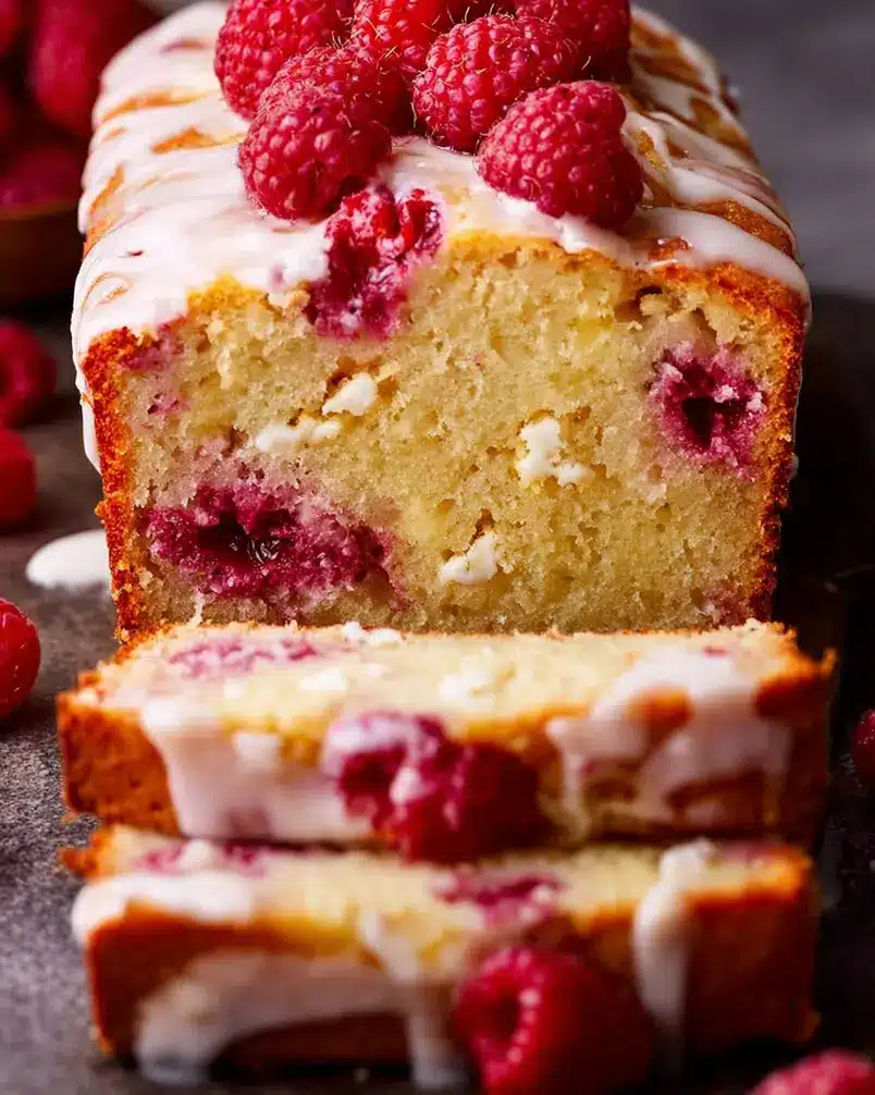Glazed White Chocolate Raspberry Loaf 3 A loaf pan filled with batter, with raspberries and white chocolate chips visible on top.