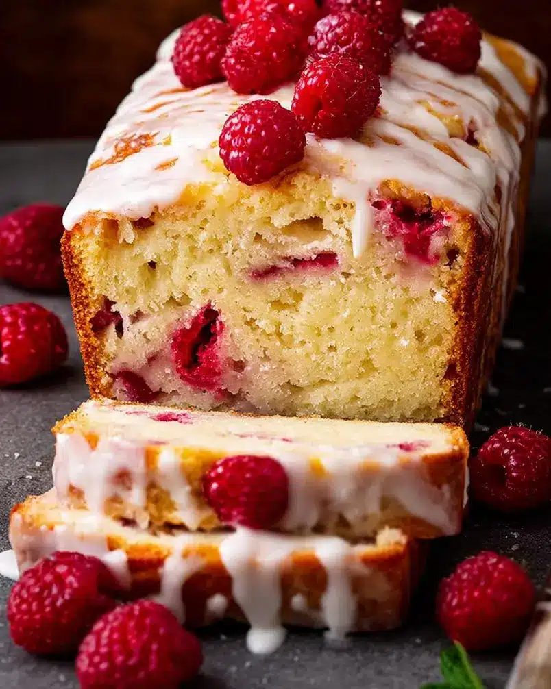 Glazed White Chocolate Raspberry Loaf 2 Close-up of raspberries and white chocolate chips being mixed into a loaf batter before baking.