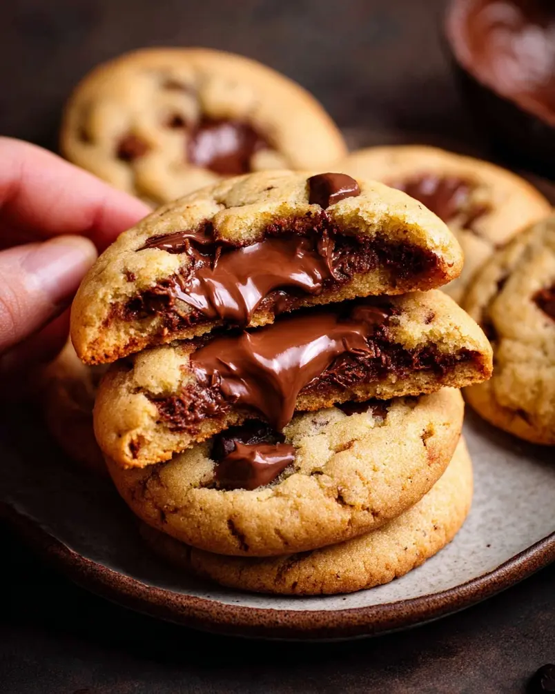 Nutella Stuffed Cookies 2 Close-up of a bowl of chocolate chips and hazelnuts for Nutella stuffed cookies, with a scoop of Nutella nearby.
