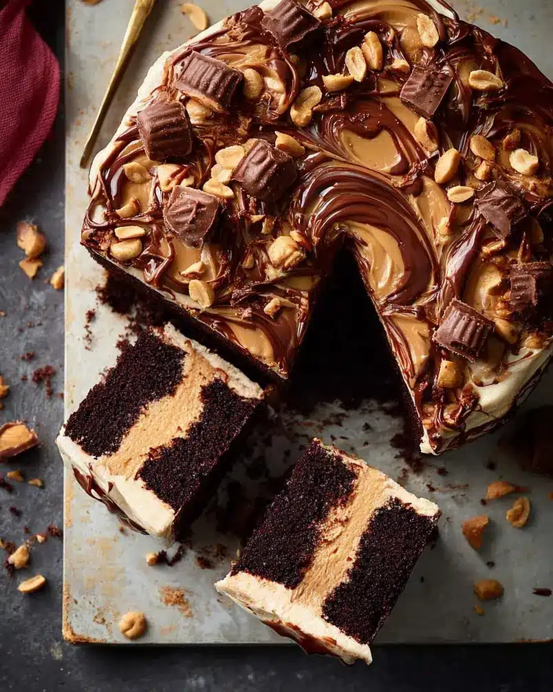 Chocolate Peanut Butter Cake for a crowd 3 Chocolate cake layers baking in the oven on a baking rack.