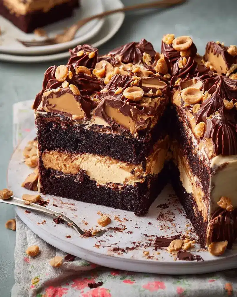 Chocolate Peanut Butter Cake for a crowd 2 Ingredients for Chocolate Peanut Butter Cake being prepped, including flour, cocoa powder, peanut butter, and chocolate chips.