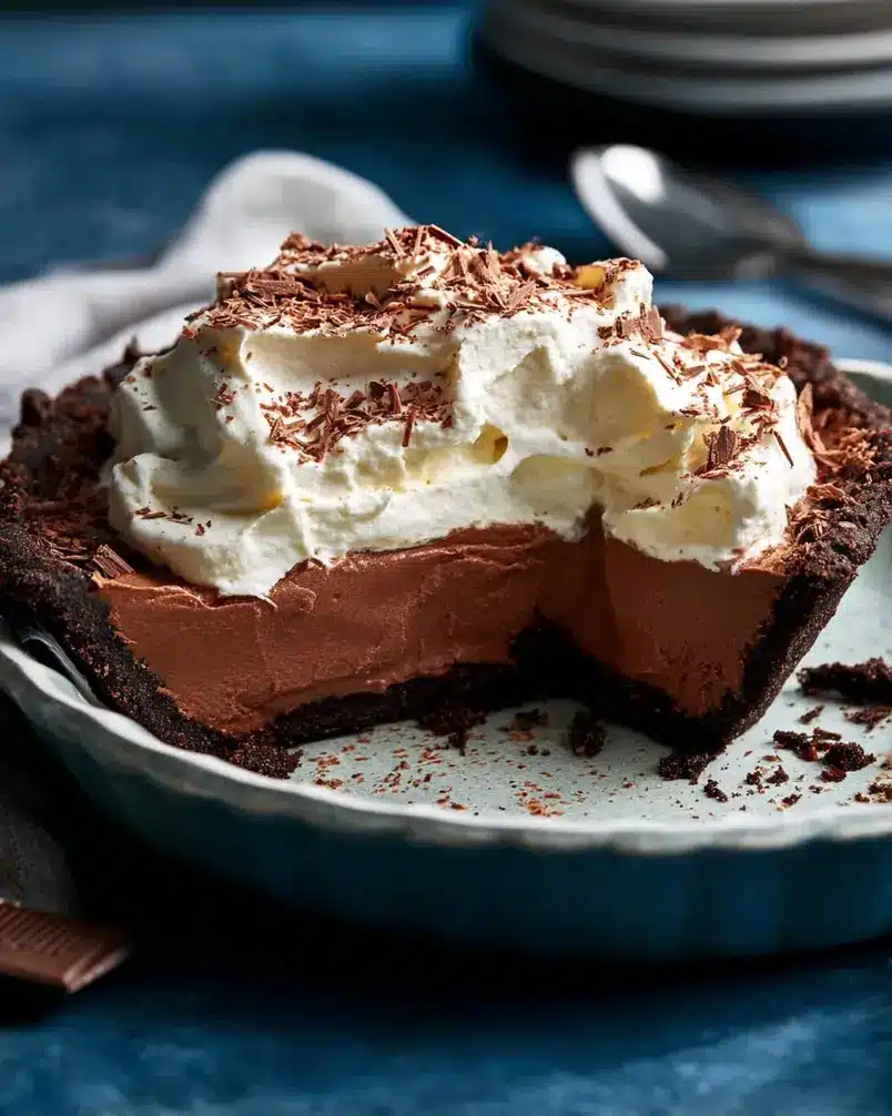 Chocolate Cream Pie 2 Close-up of rich chocolate cream pie filling being poured into a pie crust