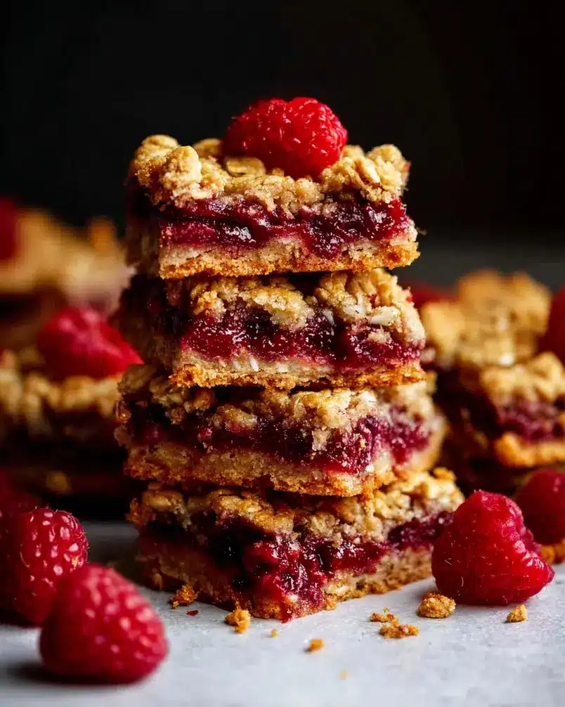 Raspberry Jam Oat Bars 3 Raspberry jam being spread into an oat bar base in a baking pan