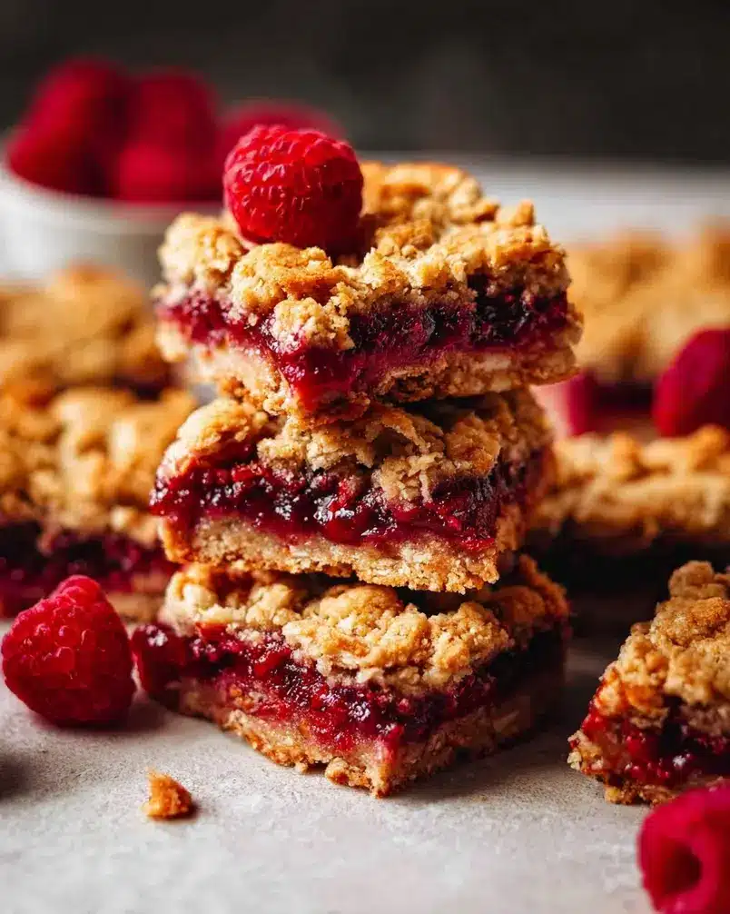 Raspberry Jam Oat Bars 2 Close-up of raspberry jam oat bars with a dollop of jam in each
