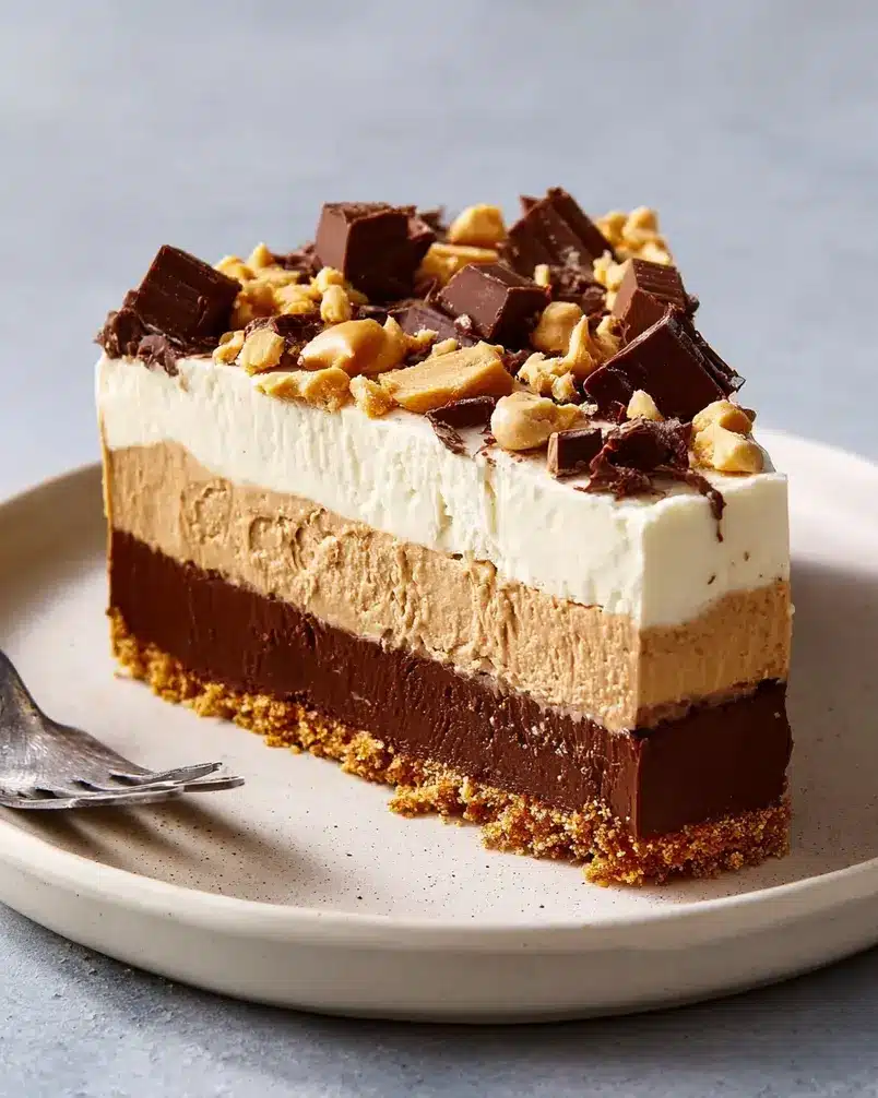 My Chocolate-Peanut Butter Delight Is No-Bake and So Much Easier Than It Looks 2 Close-up of chocolate-peanut butter delight layers being prepared in a dish