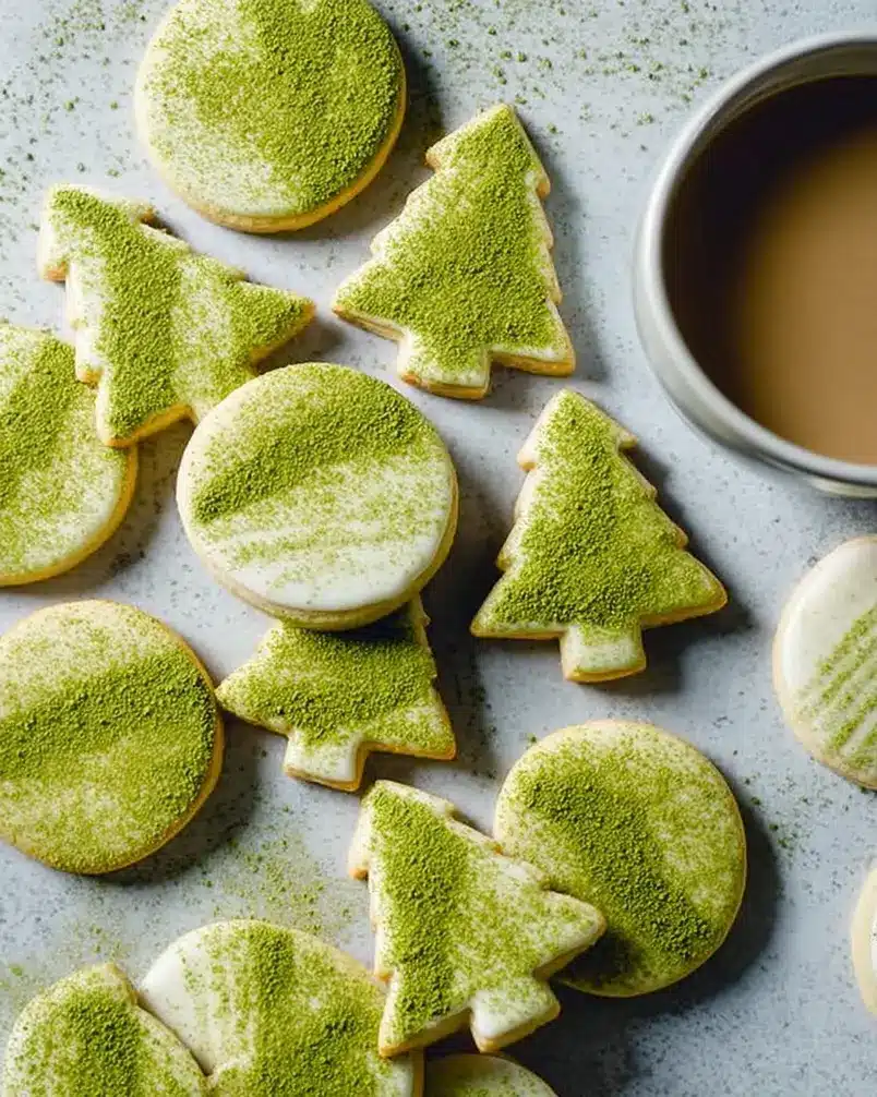 Matcha Sugar Cookies 2 Ingredients for Matcha Sugar Cookies laid out, including matcha powder, flour, sugar, butter, and eggs