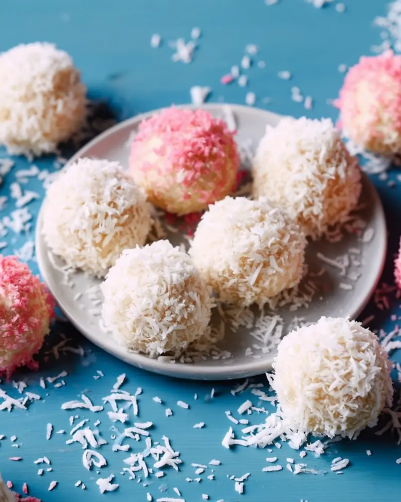 Coconut Cake Snowballs 2 Close-up of ingredients for Coconut Cake Snowballs being prepared, including shredded coconut and flour