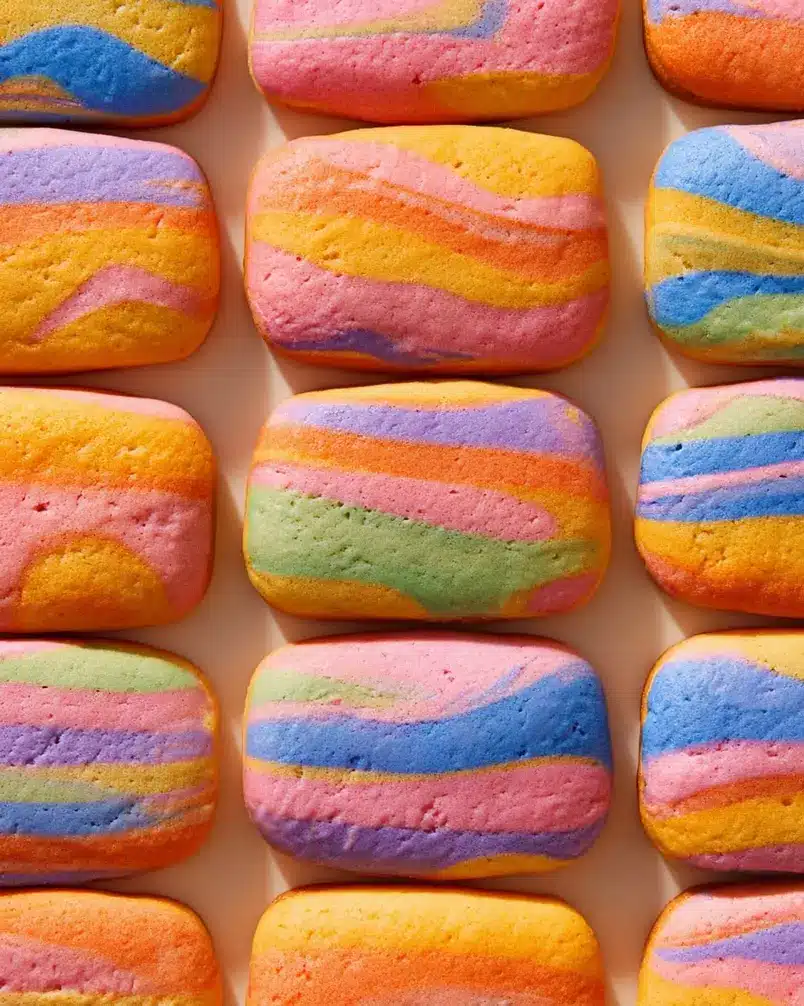 Technicolor Cookies 3 Assorted colorful cookie dough balls arranged on a baking sheet, ready to be baked