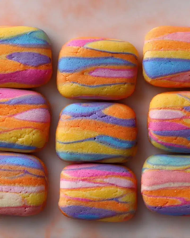 Technicolor Cookies 2 A close-up image of colorful dough being mixed in a bowl, showing vibrant hues of red, blue, and yellow
