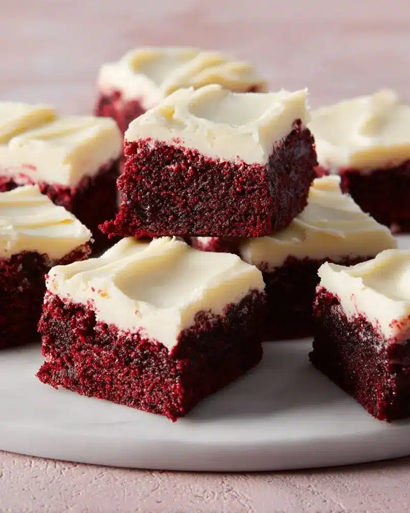 Red Velvet Cookie Bars 3 Red velvet cookie bars in a baking pan, ready to be cut