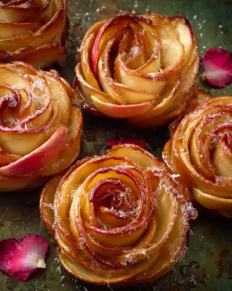 Baked Apple Roses 3 A close-up of apple slices being arranged on puff pastry, showing the precise technique for creating the rose shape.