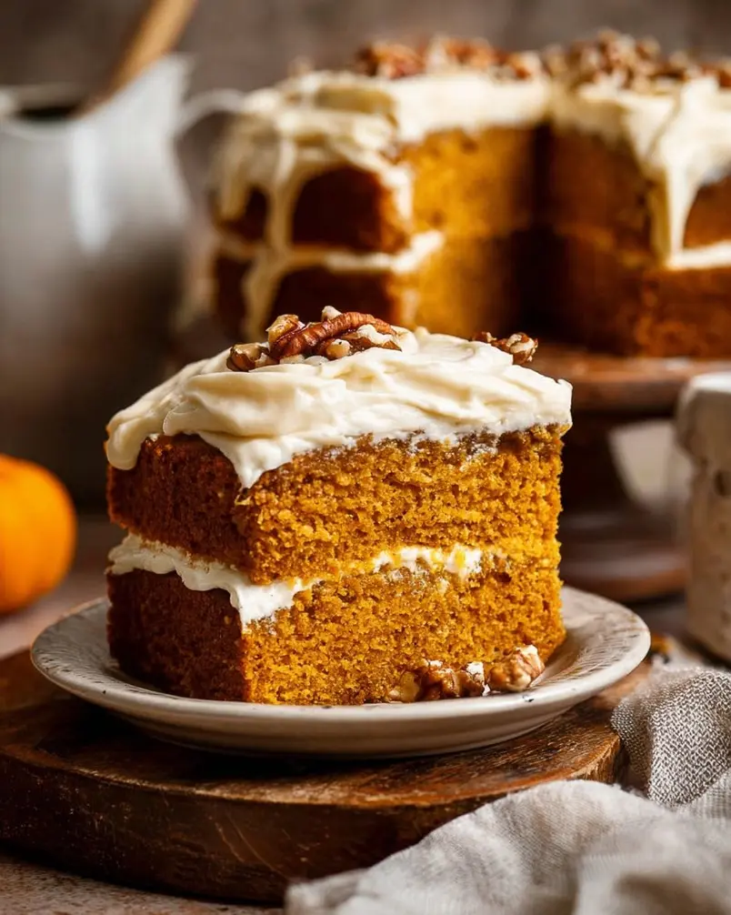 Pumpkin Cake with Cream Cheese Frosting 2 A close-up view of pumpkin puree being whisked into cake batter for pumpkin cake with cream cheese frosting.