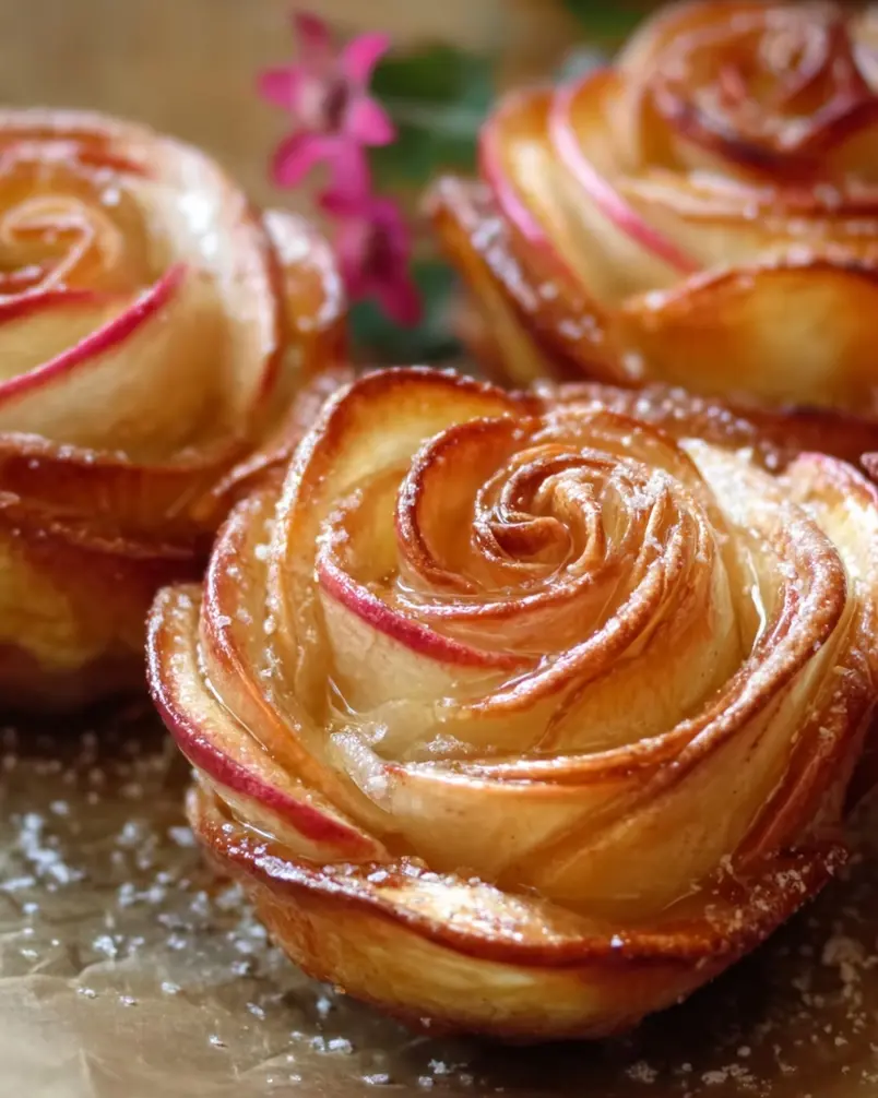 Baked Apple Roses 2 A batch of freshly baked apple roses cooling on a wire rack, showcasing their intricate petal-like layers.