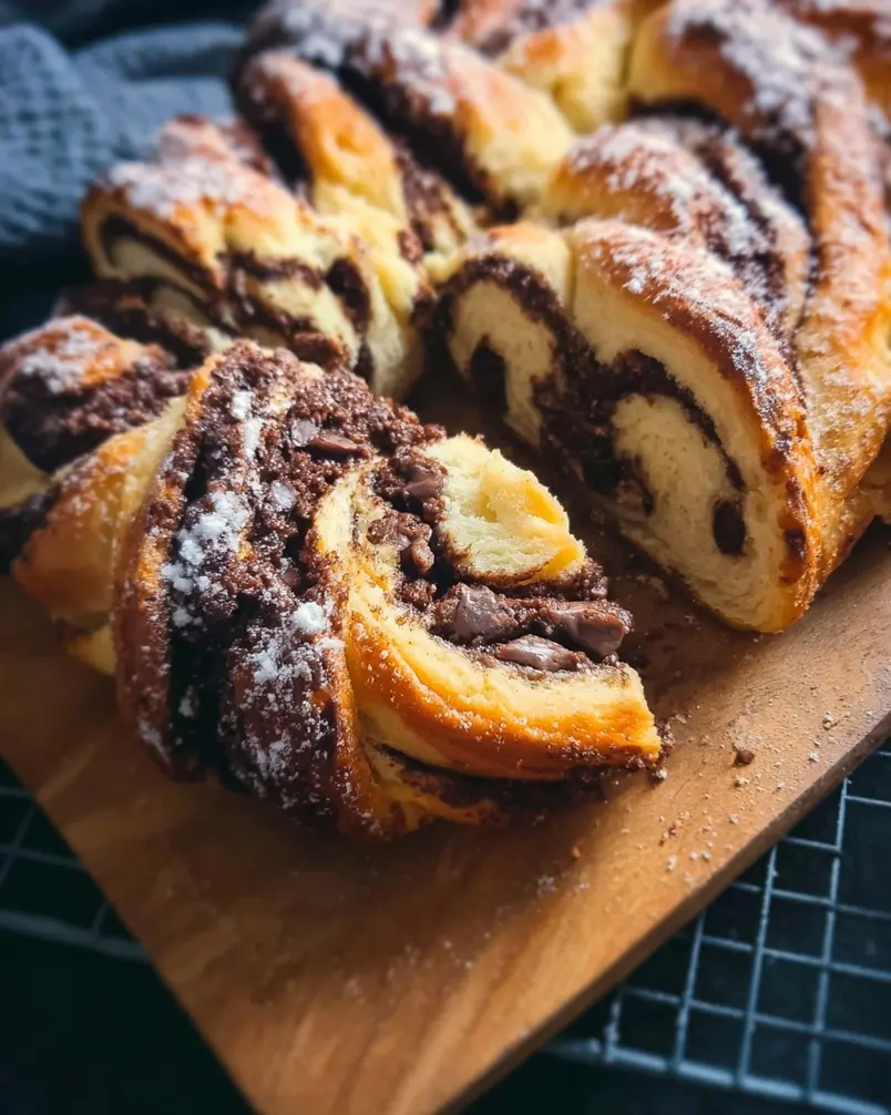 Chocolate Babka 3 The rich chocolate filling being spread evenly across the rolled-out babka dough.