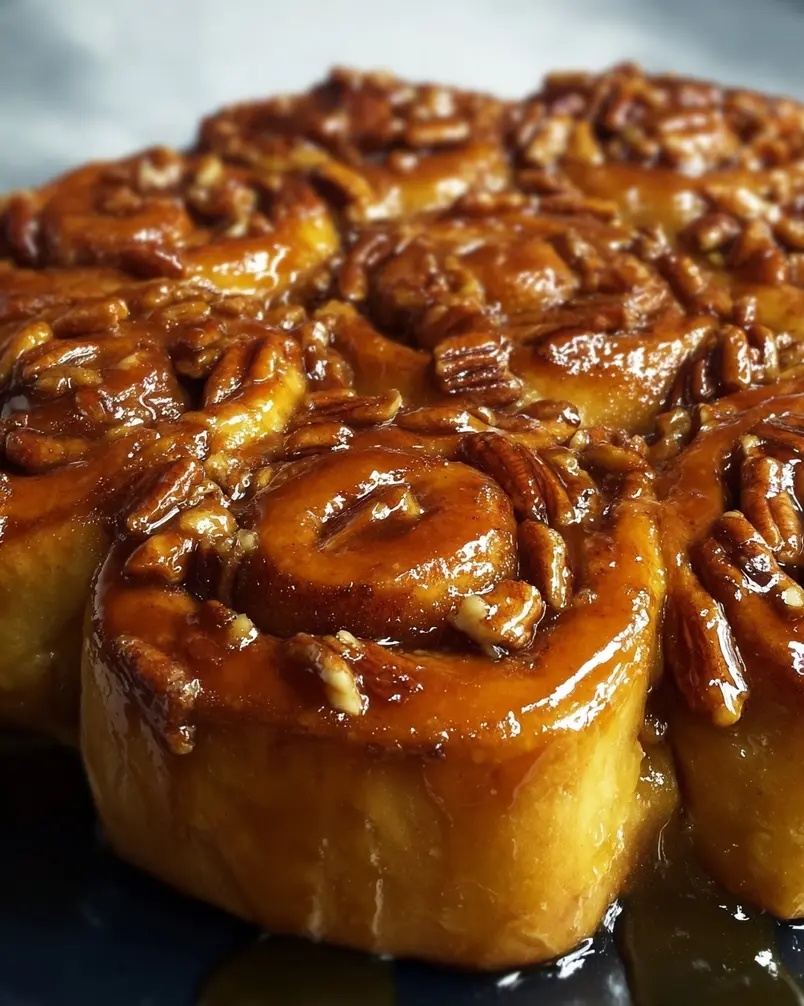 Sticky Buns 3 Close-up of sticky bun dough being rolled out with cinnamon filling spread evenly