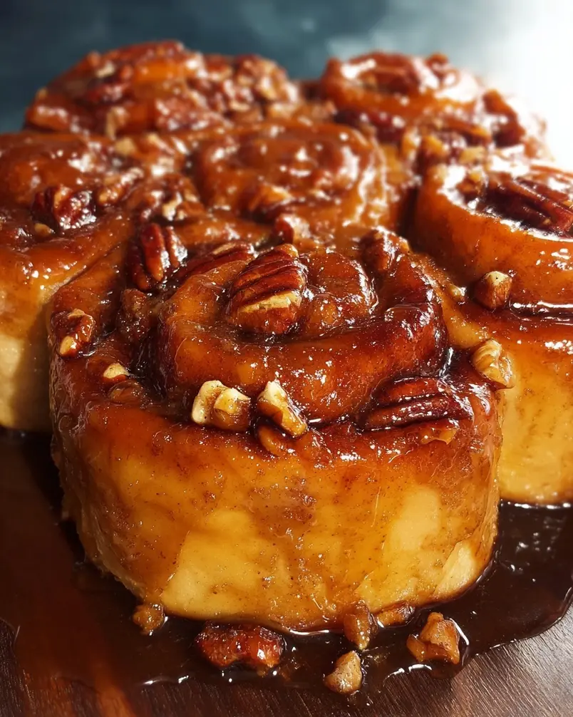 Sticky Buns 2 Golden brown sticky buns baking in a pan with caramel oozing over the sides
