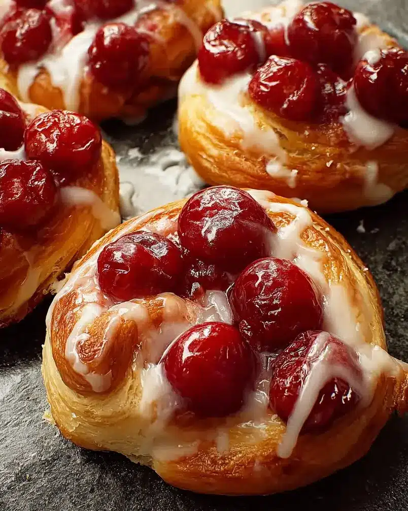 Shortcut Cherry Danish 3 Baking sheet filled with golden-brown shortcut cherry danishes, some dusted with powdered sugar, ready to be served.