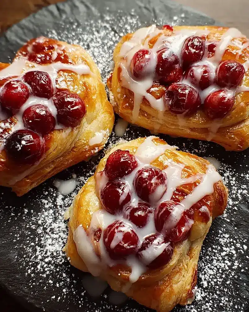 Shortcut Cherry Danish 2 Close-up of a golden-brown shortcut cherry danish on a wire rack, with a dollop of cream cheese filling and glistening cherry topping.