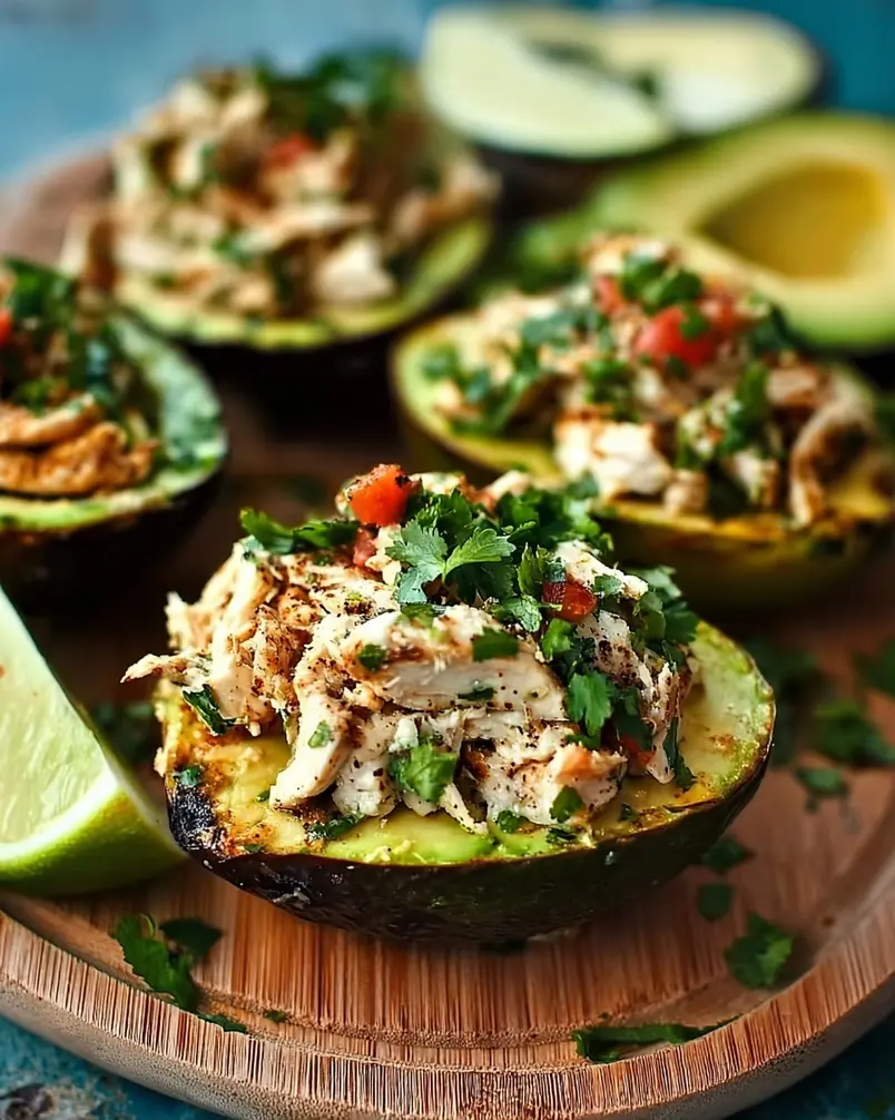 Mexi-Chicken Avocado Cups 2 Close-up of fresh ingredients for Mexi-Chicken Avocado Cups, including avocado halves, shredded chicken, chopped tomatoes, corn, and cilantro.