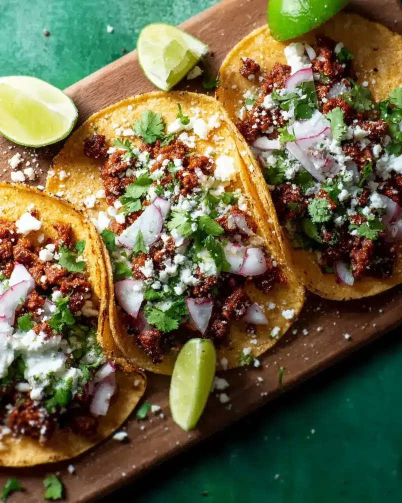 Easy Chorizo Street Tacos 2 Fresh ingredients for easy chorizo street tacos laid out on a cutting board.