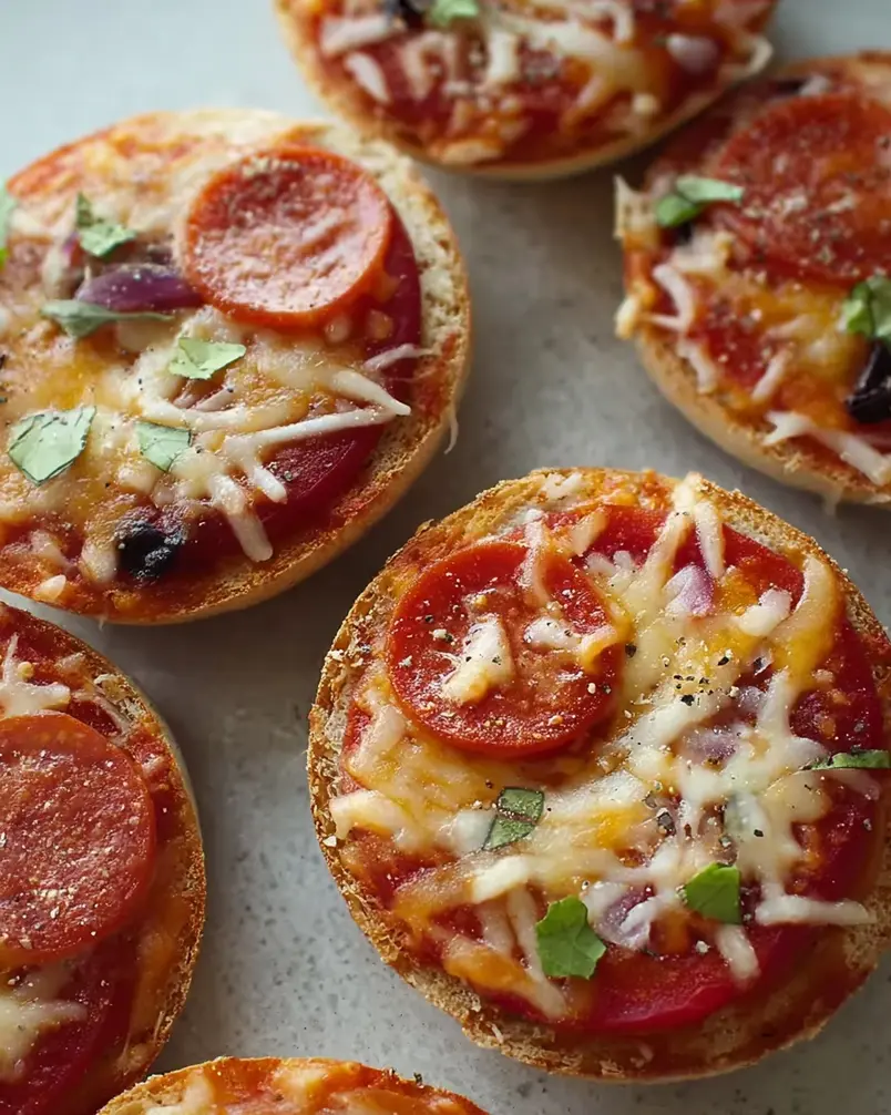 Easy Mini Bagel Pizzas 3 Golden brown mini bagel pizzas fresh out of the oven