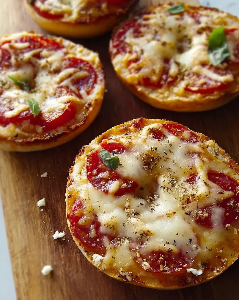 Easy Mini Bagel Pizzas 2 Mini bagel pizzas being assembled with sauce, cheese, and toppings