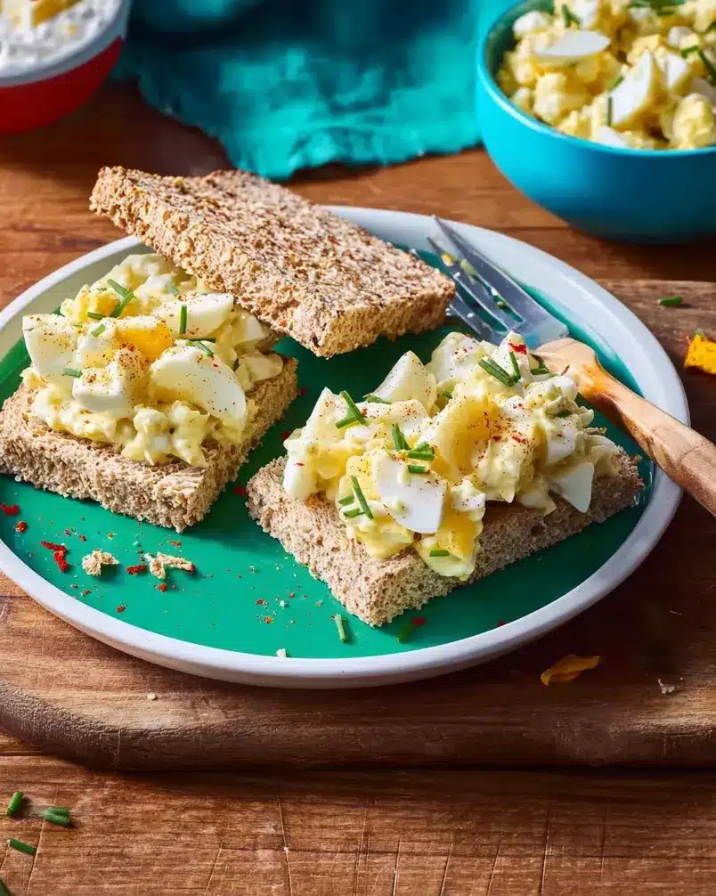 Simple Egg Salad 2 A close-up shot of chopped hard-boiled eggs and mayonnaise in a mixing bowl, with some fresh herbs sprinkled on top, ready for mixing into a simple egg salad.