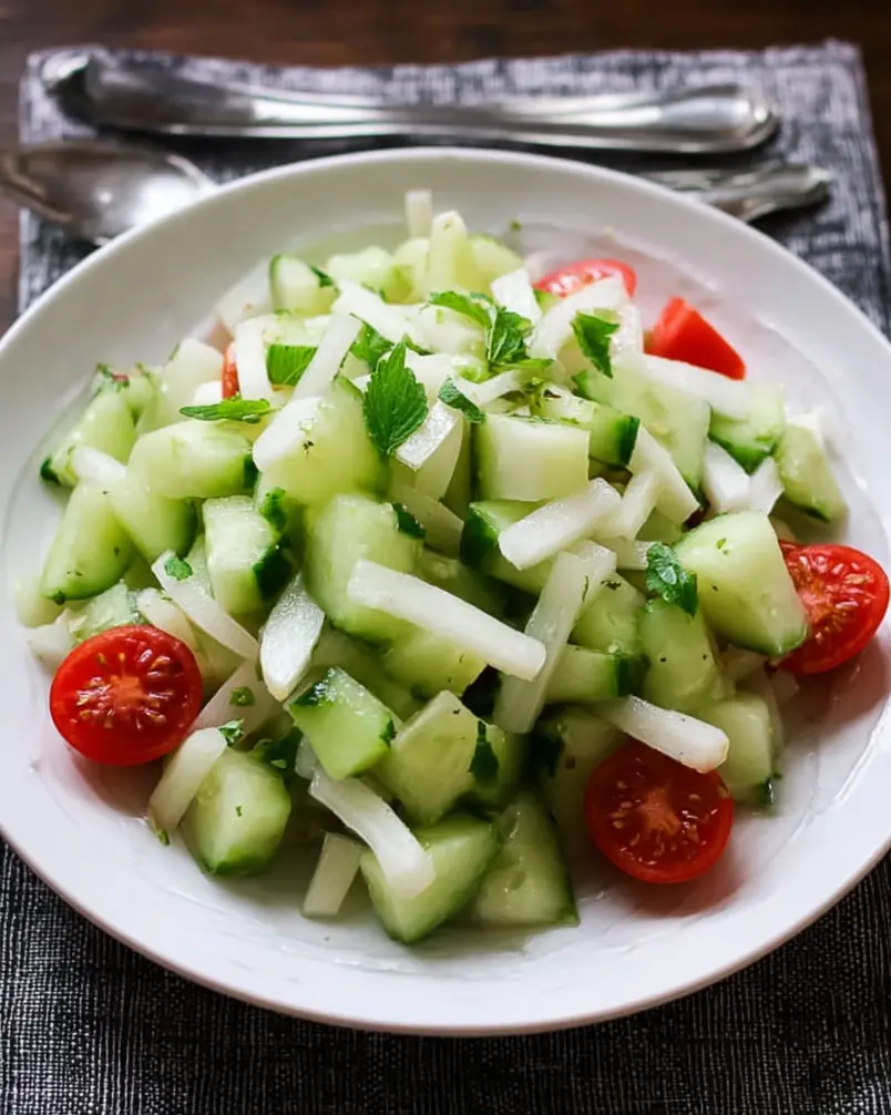 Summer Cucumber Jicama Salad 3 A bowl filled with colorful chopped ingredients for the summer cucumber jicama salad