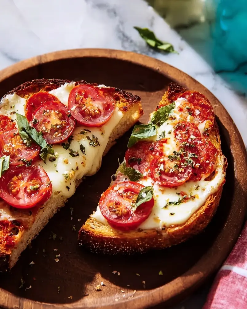 Pizza Lava Toast 3 Cooking process of Pizza Lava Toast in a skillet, showing golden brown bread and melted cheese.