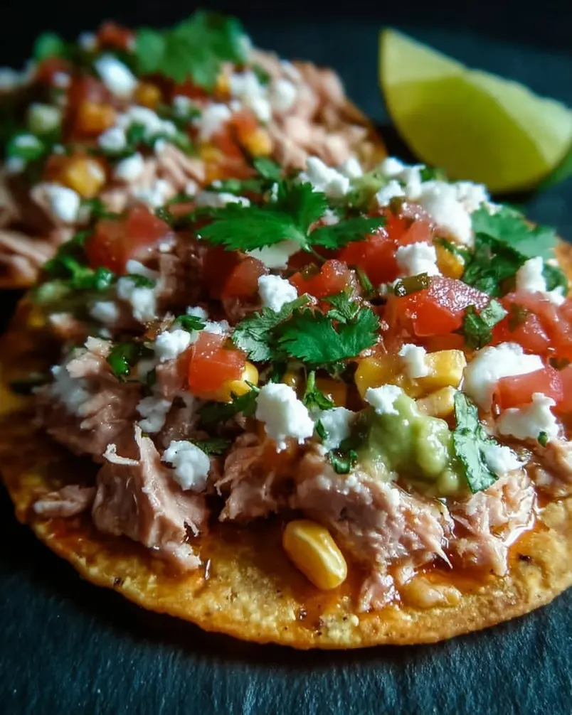 Tuna Tostadas 3 Assembling tuna tostadas with layers of tuna salad, beans, corn, and avocado.