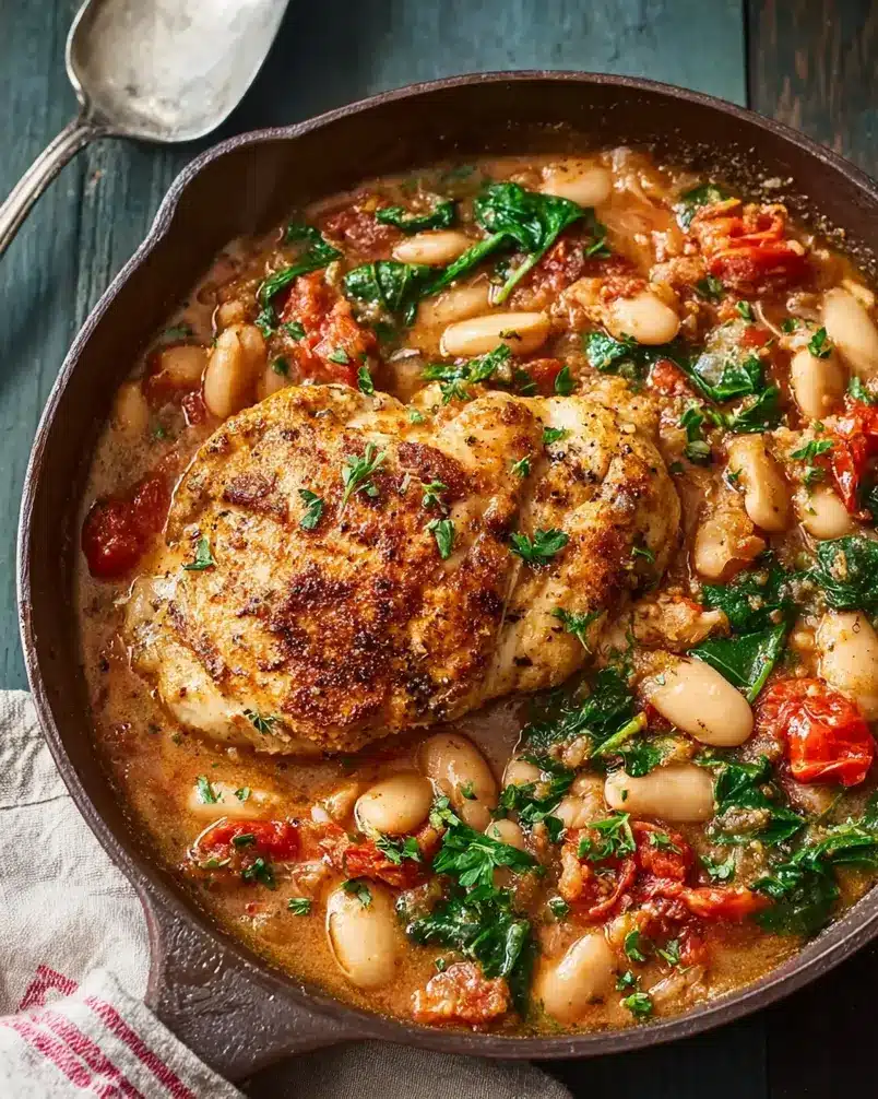 Skillet Chicken and White Bean Stew 3 Sizzling ingredients in a skillet during the cooking process of Skillet Chicken and White Bean Stew.