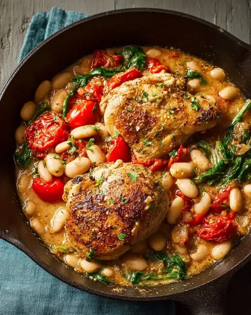 Skillet Chicken and White Bean Stew 2 Ingredients for Skillet Chicken and White Bean Stew being prepped, including chicken, white beans, vegetables, and herbs.