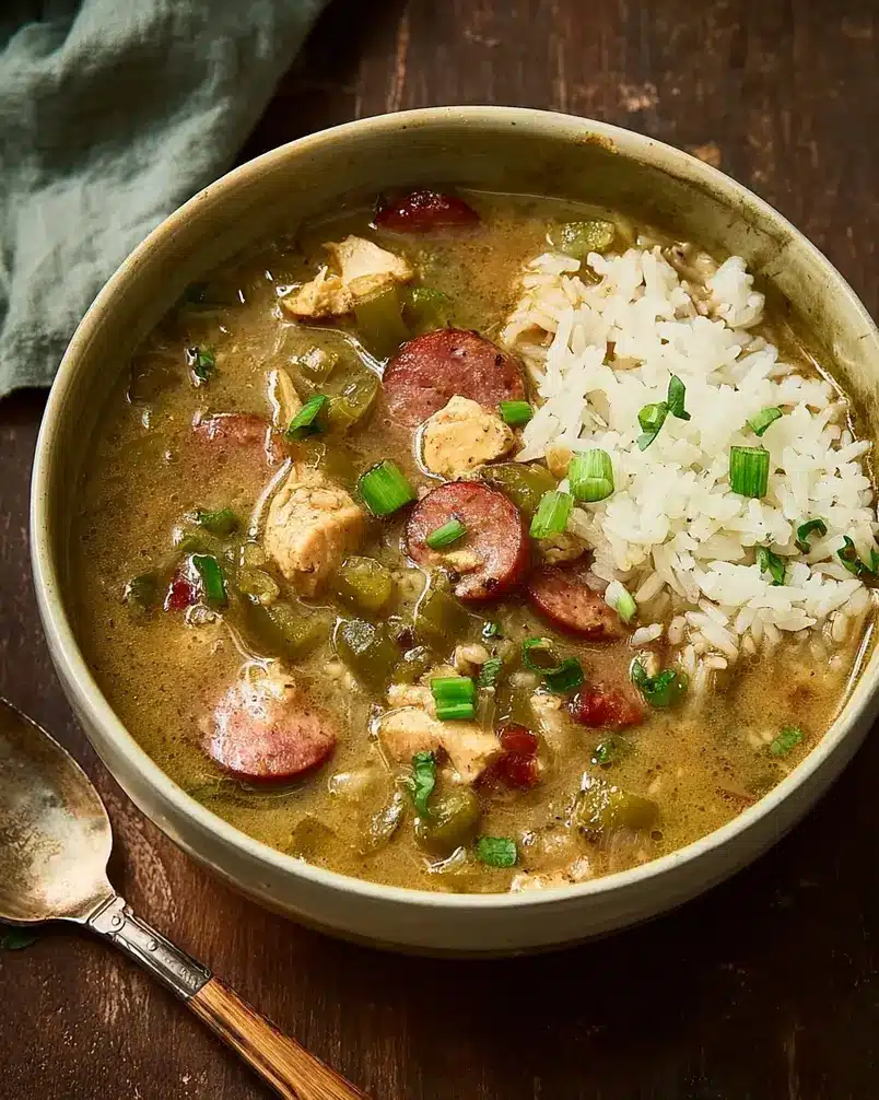Chicken and Andouille Gumbo 3 A pot of Chicken and Andouille Gumbo simmering on the stove, showing the rich color and texture.