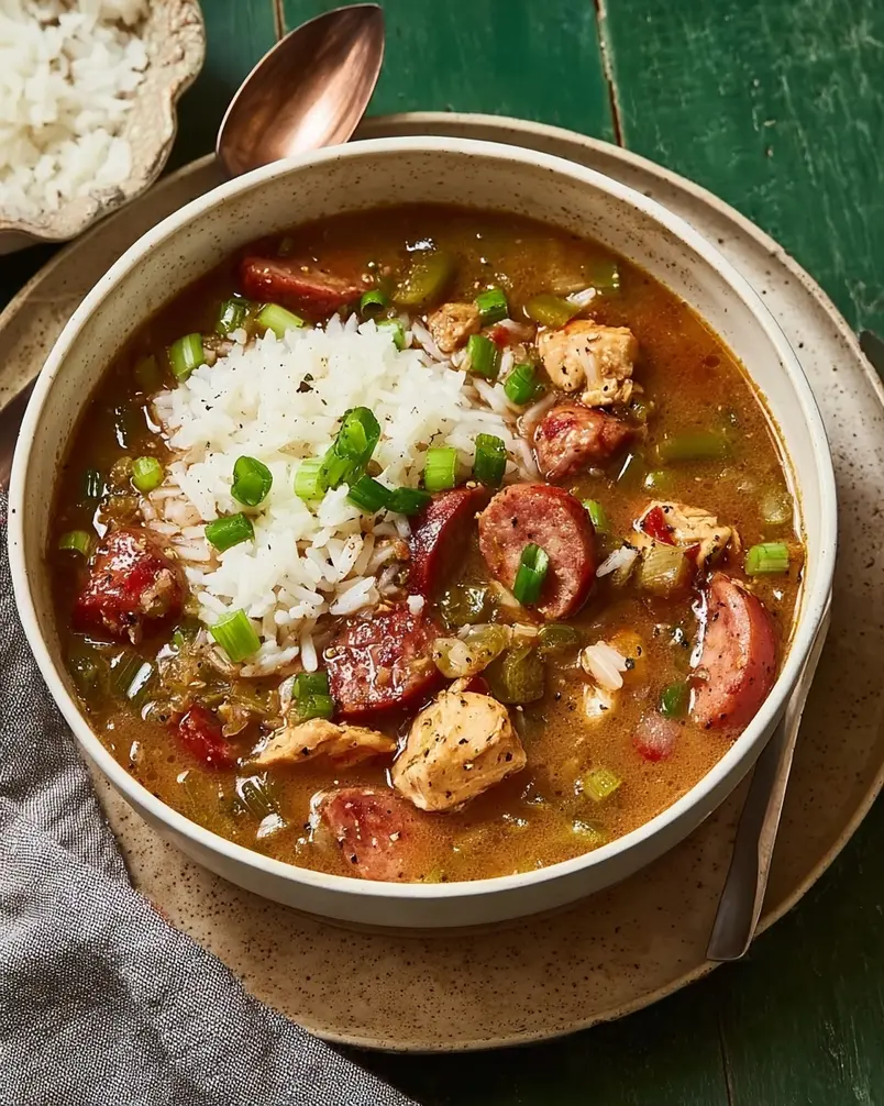 Chicken and Andouille Gumbo 2 Mise en place for Chicken and Andouille Gumbo, showing chopped vegetables, chicken, and andouille sausage.