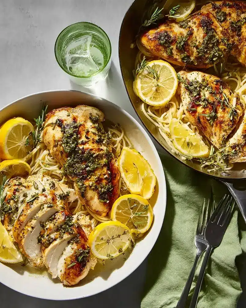 Simple Lemon Herb Chicken 2 Plump chicken thighs being seasoned with lemon and herbs
