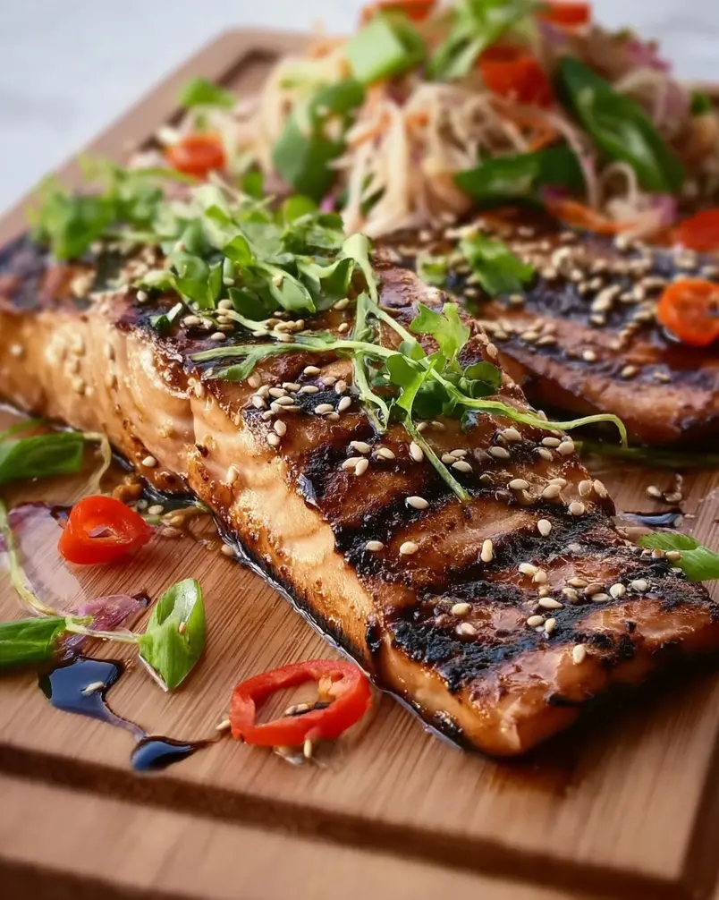 Sesame Grilled Salmon 3 Salmon fillets marinating in a sesame soy sauce mixture