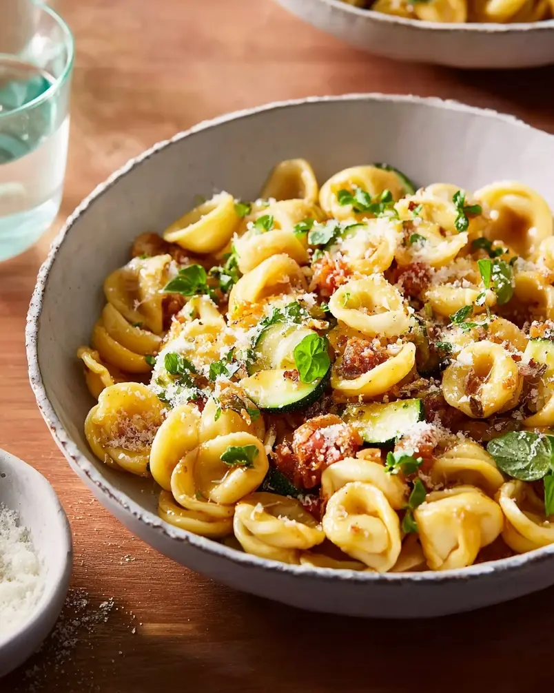 One Pan Orecchiette Pasta 3 A close-up of orecchiette pasta cooking in a pan with sausage and vegetables