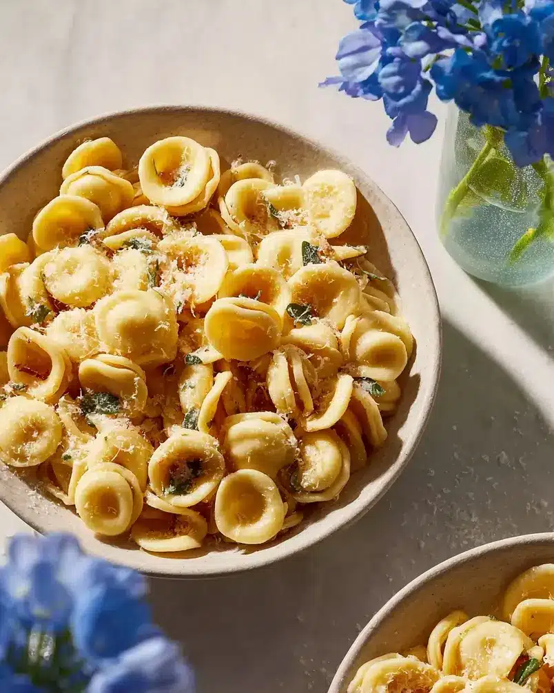 One Pan Orecchiette Pasta 2 Ingredients for a one pan orecchiette pasta dish being prepped