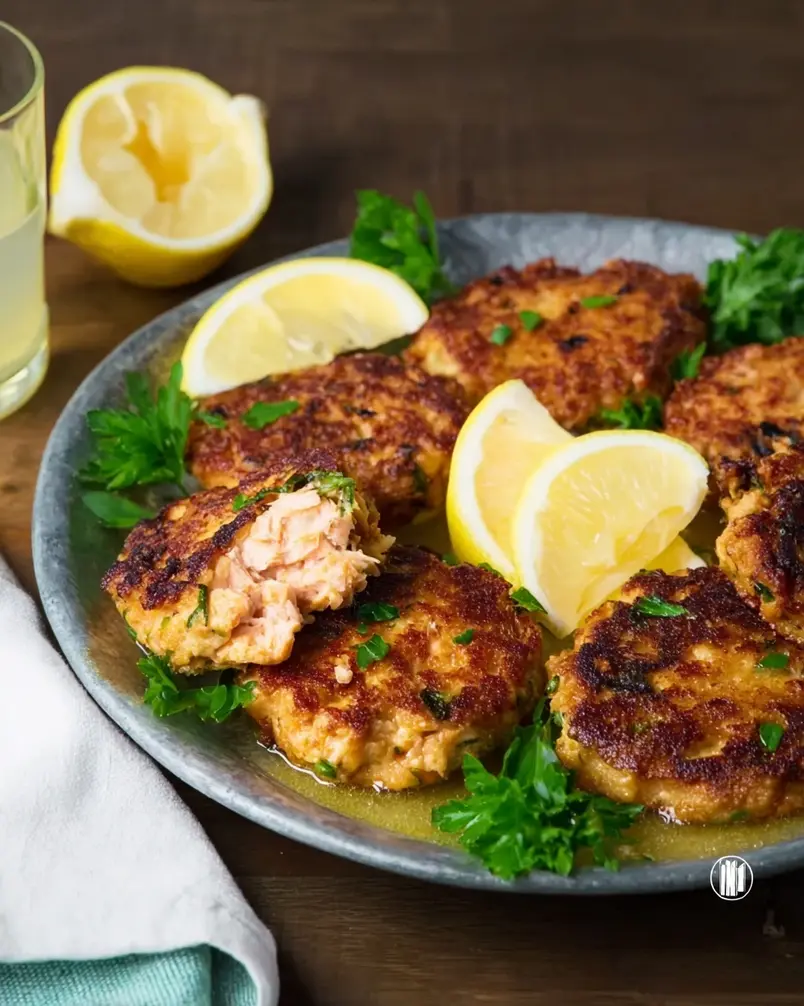 Grandma's Famous Salmon Cakes 3 A golden-brown salmon cake is being carefully flipped in a hot pan with oil.