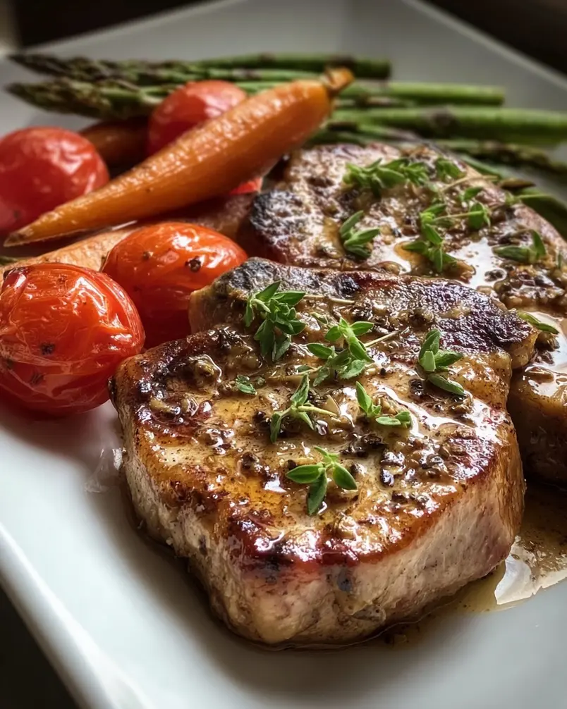 Modenese Pork Chops 3 Modenese pork chops searing in a pan with onions and garlic