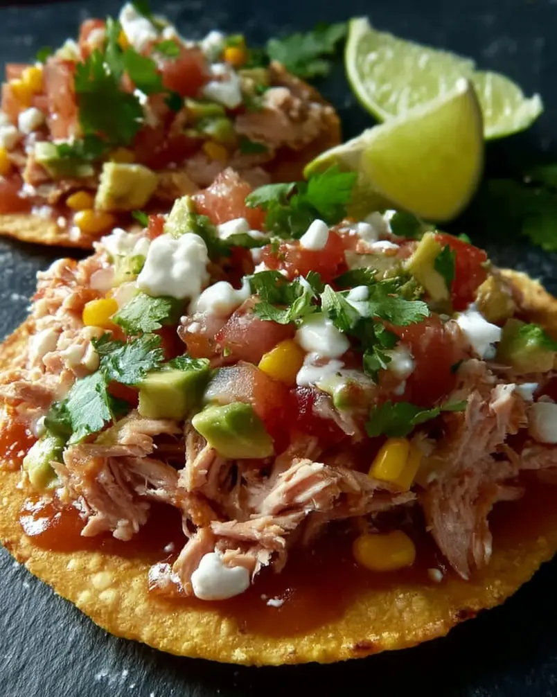 Tuna Tostadas 3 Assembling a tuna tostada with layers of ingredients