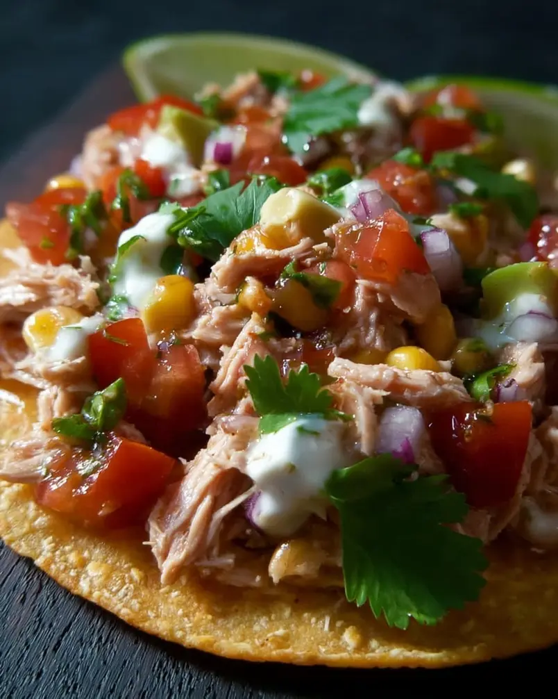 Tuna Tostadas 2 Close-up of tuna tostada preparation with chopped vegetables and seasonings