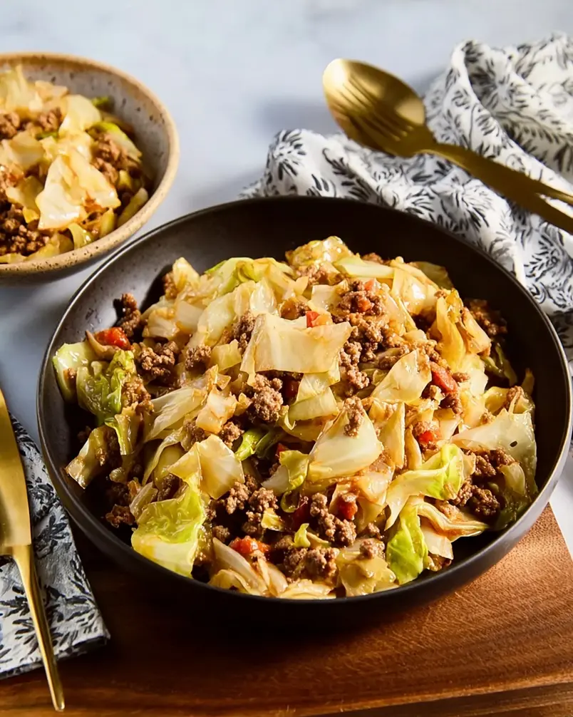 Ground Beef and Cabbage 3 Ground beef and cabbage skillet being cooked with onions and seasonings
