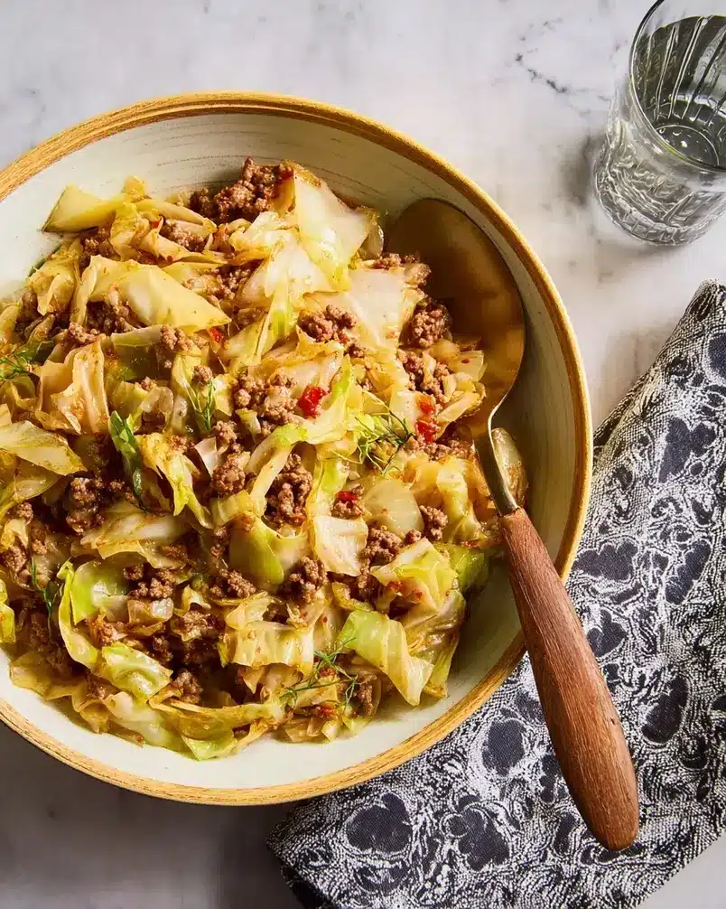 Ground Beef and Cabbage 2 Ground beef and cabbage ingredients being prepped and chopped