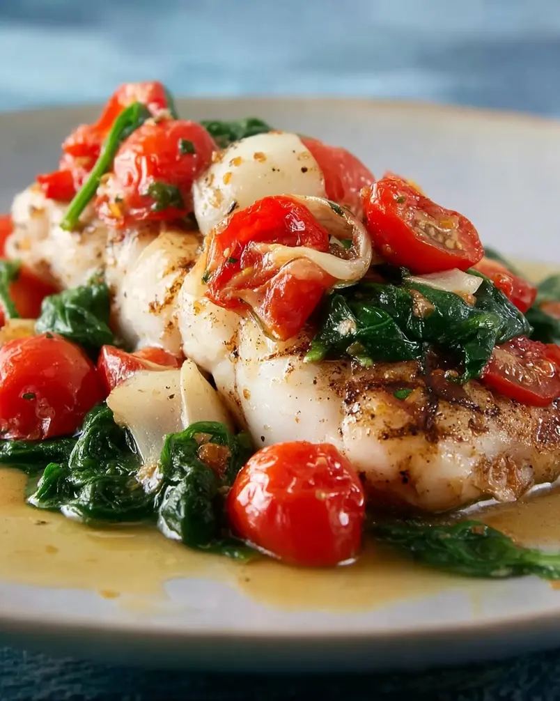 Grilled Cod with Spinach and Tomatoes 2 Fresh ingredients for grilled cod with spinach and tomatoes laid out on a counter, including cod fillets, spinach, cherry tomatoes, lemon, and herbs like dill and parsley.